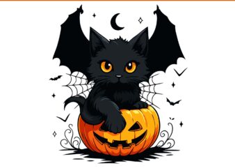 Spooky black cat pumpkin png, halloween kitty png, black cat halloween png
