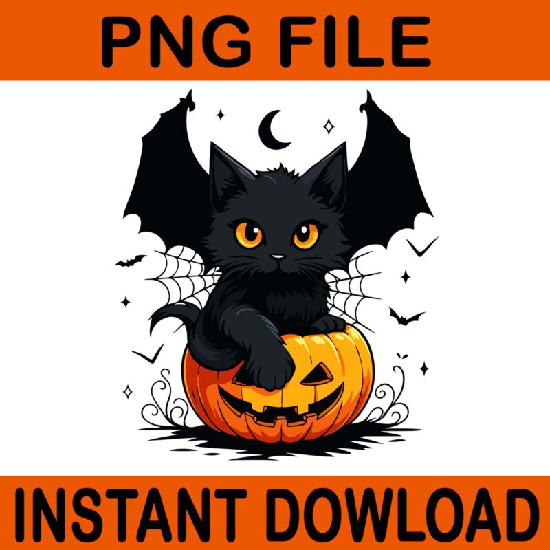 Spooky Black Cat Pumpkin PNG, Halloween Kitty PNG, Black Cat Halloween PNG
