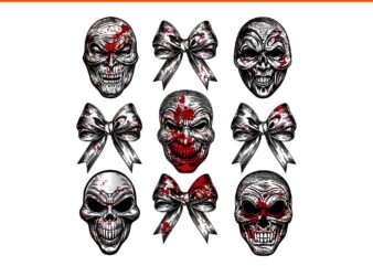 Coquette Bow Horror Movie Character PNG, Coquette Bow Spooky Skulls Halloween PNG