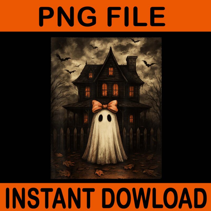 Vintage Spooky Scary Ghost Haunted House Midnight Halloween PNG
