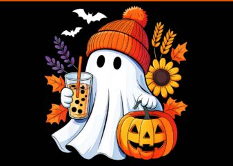 Cute Ghost Drinking Coffee Autumn Pumpkin Halloween PNG, Ghost Coffee PNG