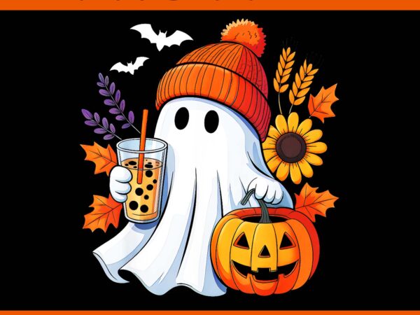Cute ghost drinking coffee autumn pumpkin halloween png, ghost coffee png t shirt vector file