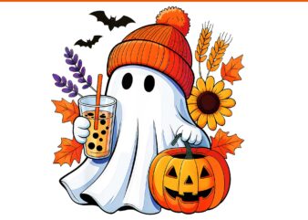 Cute Ghost Drinking Coffee Autumn Pumpkin Halloween PNG, Ghost Coffee PNG