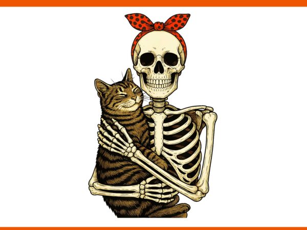 Skeleton hugging cat halloween png, cat lovers bandana png, cat skeleton halloween png t shirt template vector