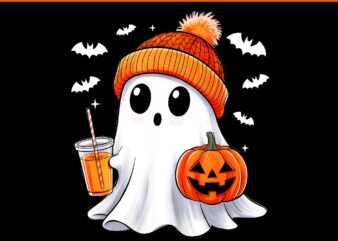 Cute Ghost Drinking Coffee Autumn Pumpkin Halloween PNG, Ghost Coffee PNG