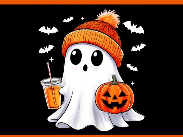 Cute ghost drinking coffee autumn pumpkin halloween png, ghost coffee png t shirt vector file