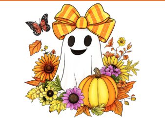 Floral Ghost Pumpkin PNG, Coquette Bow Ghost Halloween PNG