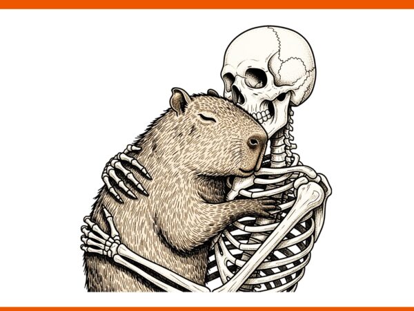 Skeleton hugging capybara halloween png, capy lover spooky season png t shirt template vector