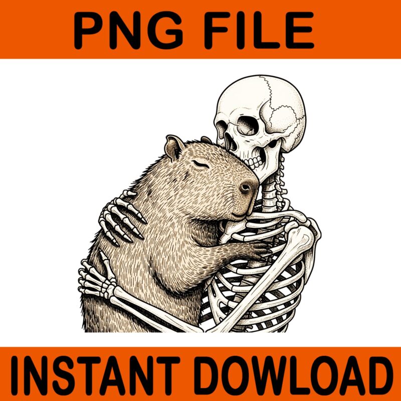 Skeleton Hugging Capybara Halloween PNG, Capy Lover Spooky Season PNG