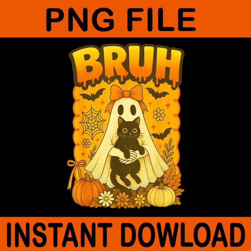 Bruh Lace Ghost Holding Black Cat Coquette Halloween PNG, Black Cat Ghost Halloween PNG