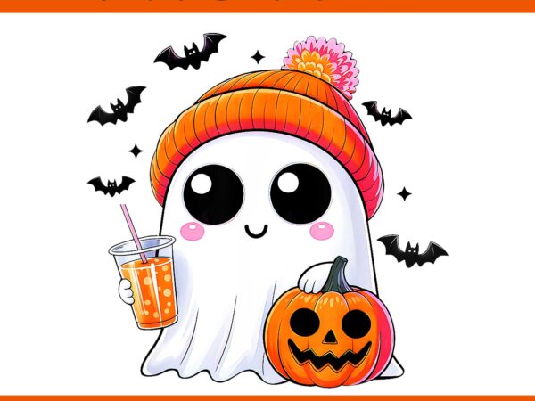 Cute ghost drinking coffee autumn pumpkin halloween png, ghost coffee png t shirt vector file