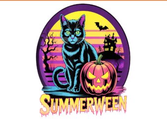 Retro black cat spooky summerween vibes png