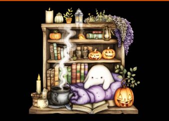 Cute Halloween Bookshelf PNG, Ghost Reading Book PNG, Ghost Halloween PNG