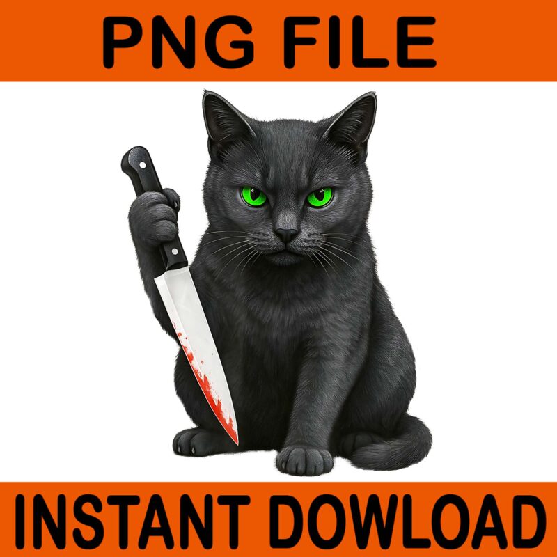 Halloween Scary Black Cats Kitty With Bloody Knife Cat PNG, Knife Black Cats PNG