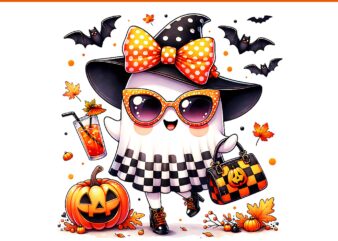 Ghost With Pumpkin Purse Girly Spooky Season Halloween PNG, Girl Ghost Halloween PNG