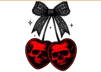 Halloween cherries skull with lace bow gothic png, skull bow cherry png