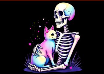 Pastel goth skeleton hugging a cat halloween png, cat skeleton halloween png