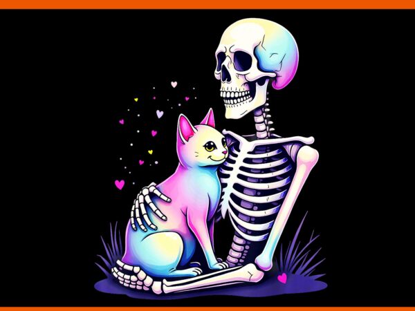 Pastel goth skeleton hugging a cat halloween png, cat skeleton halloween png t shirt illustration