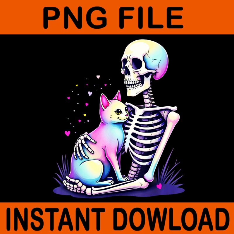 Pastel Goth Skeleton Hugging A Cat Halloween PNG, Cat Skeleton Halloween PNG