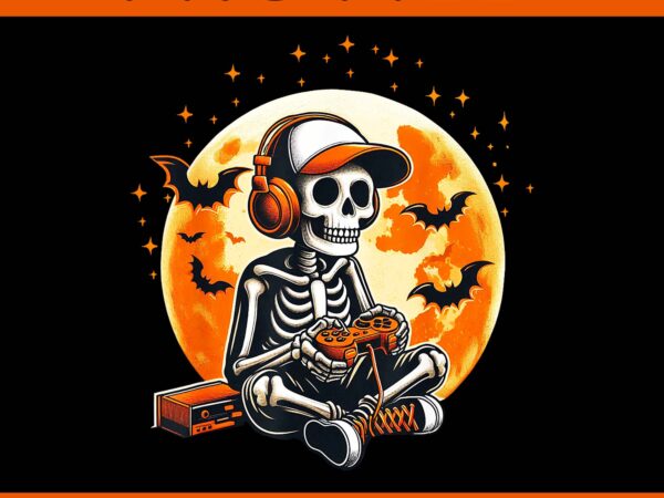 Halloween skeleton gamer moon video gaming png, skeleton gamer halloween png, halloween skeleton png graphic t shirt