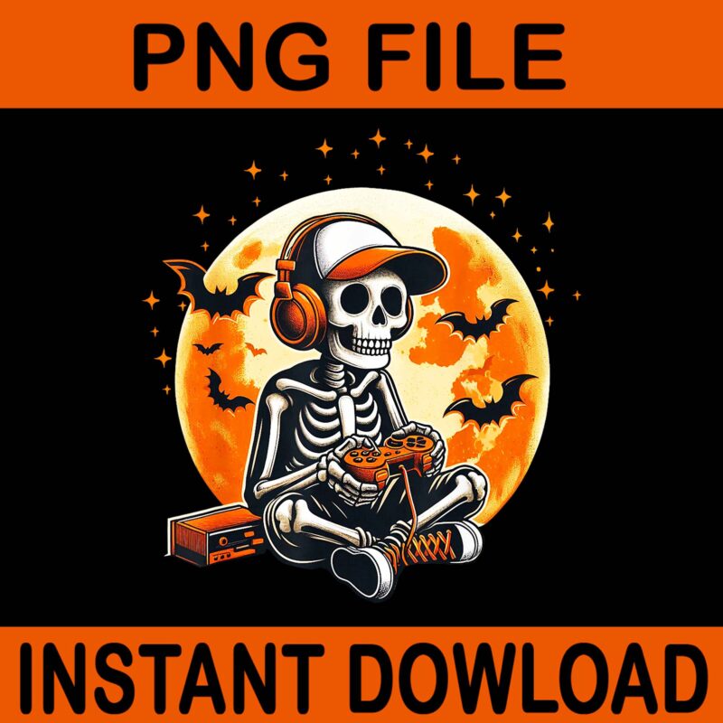 Halloween Skeleton Gamer Moon Video Gaming PNG, Skeleton Gamer Halloween PNG, Halloween Skeleton PNG