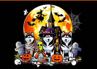 Three Halloween Huskies As Horror Witch Mummy Zombie PNG