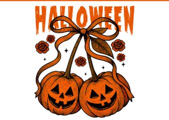 Vintage Pumpkin Cherries Coquette Bow Halloween PNG, Coquette Bow Pumpkin PNG