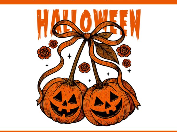 Vintage pumpkin cherries coquette bow halloween png, coquette bow pumpkin png t shirt vector art