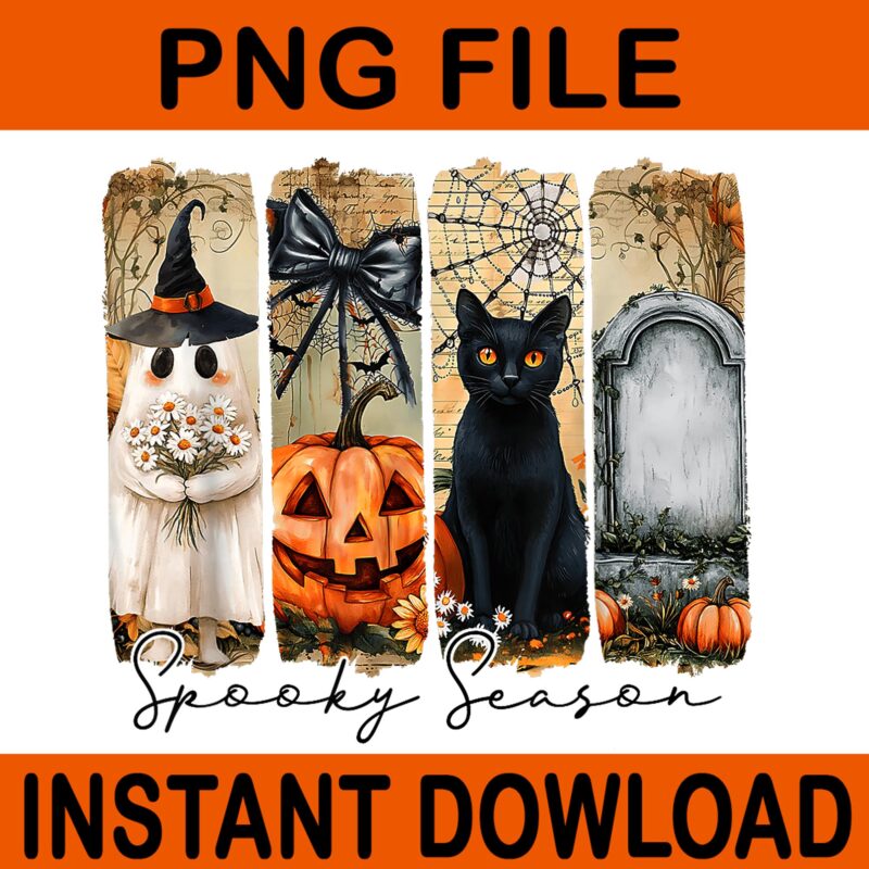 Spooky Season Halloween Ghost Pumpkin Cat PNG, Spooky Season Halloween PNG, Black Cat Halloween PNG