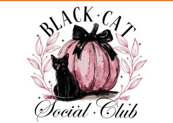 Black Cat Social Club Coquette Bow Pumpkin Halloween PNG, Black Cat Halloween PNG