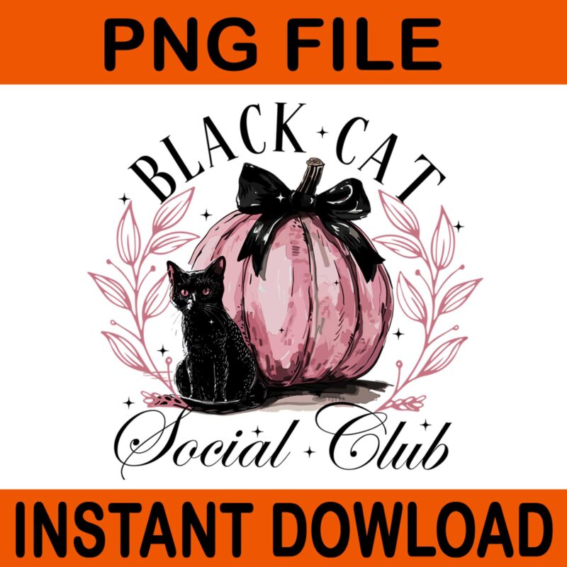 Black Cat Social Club Coquette Bow Pumpkin Halloween PNG, Black Cat Halloween PNG