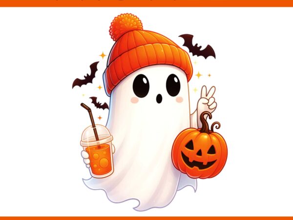 Spooky ghost drinking pumpkin iced coffee halloween png, ghost drinking coffee png t shirt template vector