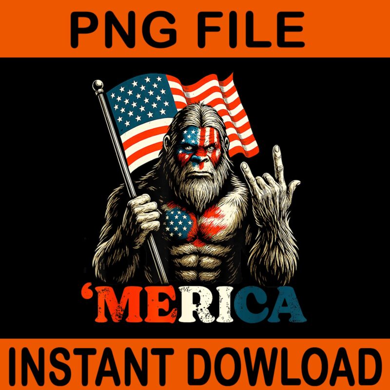 Bigfoot Merica Rock Patriotic American Flag 4th Of July PNG, Bigfoot Merica PNG