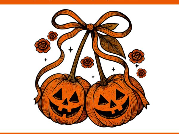 Vintage pumpkin cherries coquette bow halloween png, coquette bow pumpkin png t shirt vector art