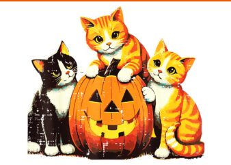 Halloween Cats Around Pumpkin Retro PNG, Cats Halloween PNG
