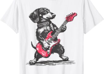 Vintage Dachshund Playing Guitar Weenie Rock and Roll T-Shirt