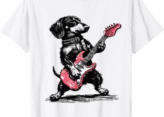 Vintage Dachshund Weenie Playing Guitar Funny Dog Rocker T-Shirt