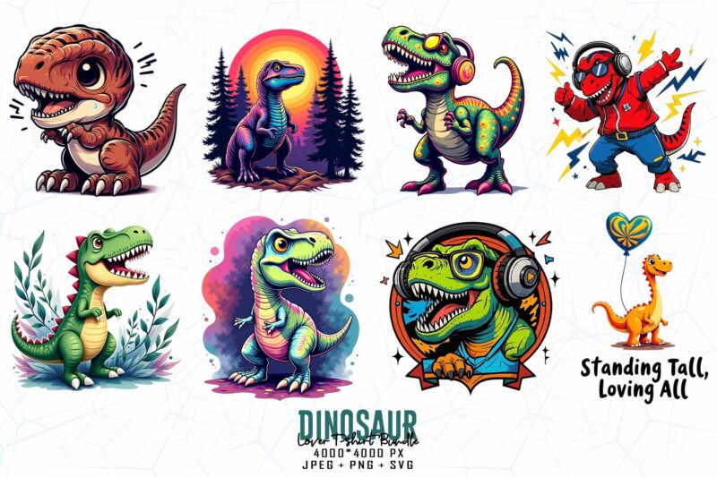 100 Trendy Retro Dinosaur t-shirt design – download instantly