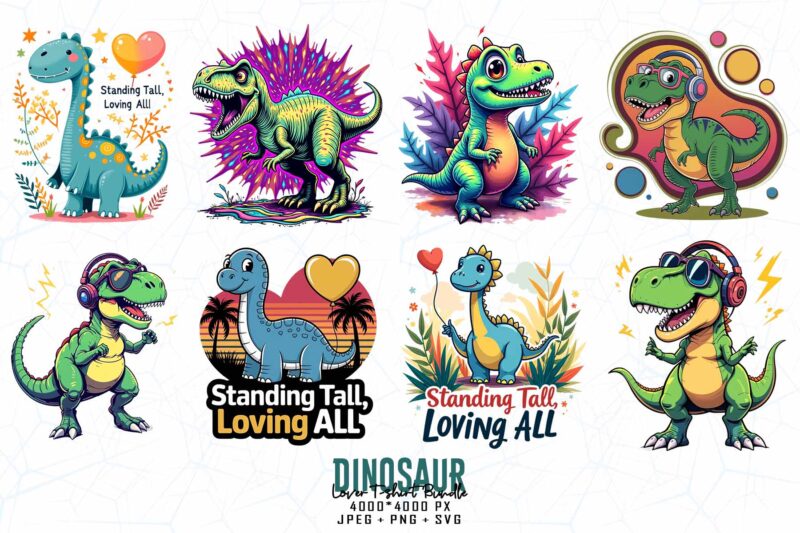 20 Trendy Retro Dinosaur Graphics t-shirt design jpeg & png designs – download instantly