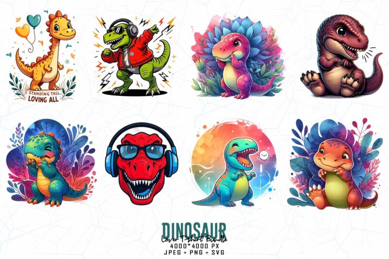 100 Trendy Retro Dinosaur t-shirt design – download instantly