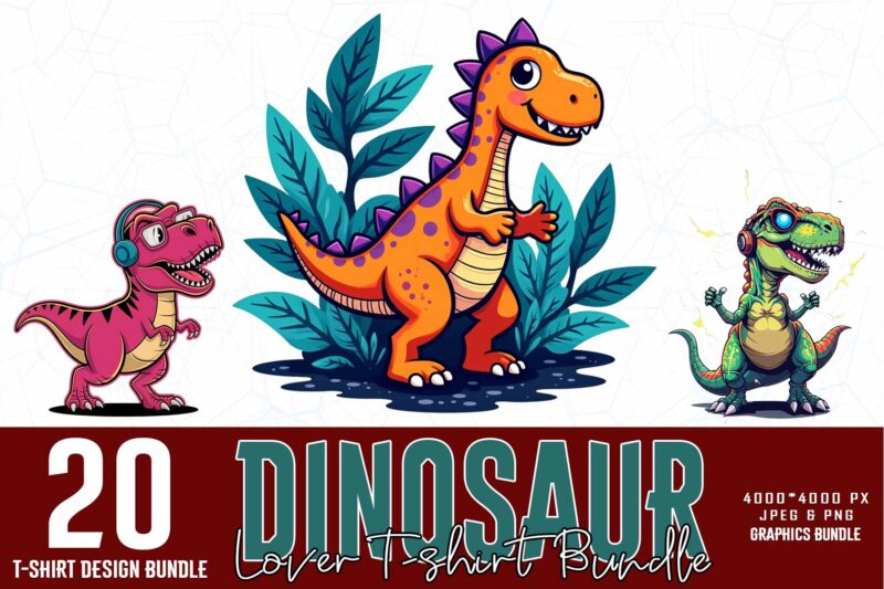 20 Trendy Retro Dinosaur Graphics t-shirt design jpeg & png designs – download instantly