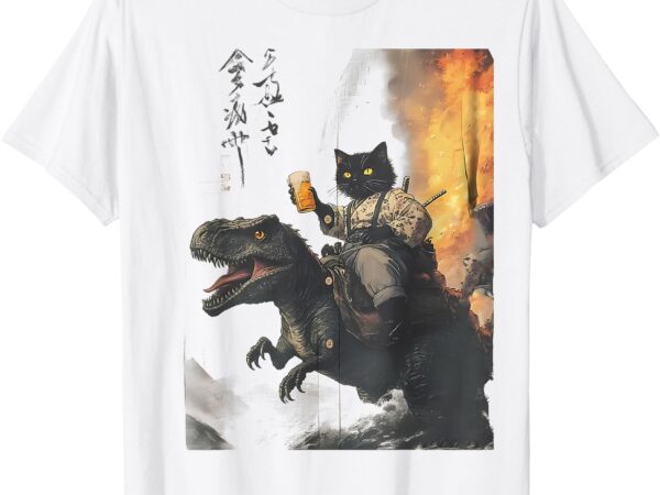 Black cat samurai dinosaur sea wave print t-shirt