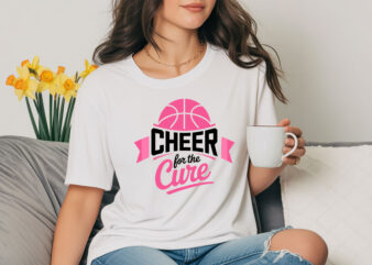 Cheer for the Cure Basketball Pink Ribbon Awareness T-shirt Design. Breast Cancer svg, Cheerleader svg, shirt