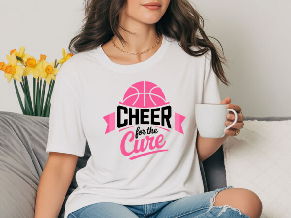 Cheer for the cure basketball pink ribbon awareness t-shirt design. breast cancer svg, cheerleader svg, shirt