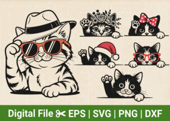Peeking Cat SVG Bundle, Cute Cat SVG files, curious Pet Vector, Kitten svg, Cut Files for Cricut & Silhouette in Svg,