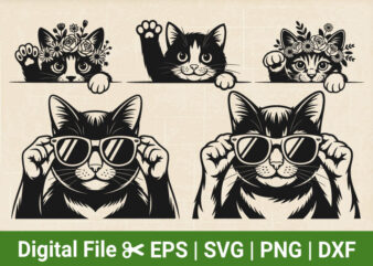 Peeking Cat SVG Bundle, Cute Cat SVG files, curious Pet Vector, Kitten svg, Cut Files for Cricut & Silhouette in Svg,