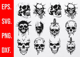 12 Skull Design Bundle, skull svg, Skull with Sword, Dripping Skull, Skull Cracked, Unique Skull Artwork, Tattoo Style Skull for Designs