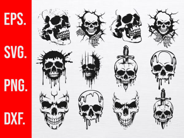 12 skull design bundle, skull svg, skull with sword, dripping skull, skull cracked, unique skull artwork, tattoo style skull for designs