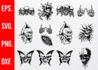 13 Skull & Butterfly Design Bundle, Skull with Wings, Skull Tattoo svg, Broken Skull, Rock Skull Art, Butterfly Skull T-shirt.