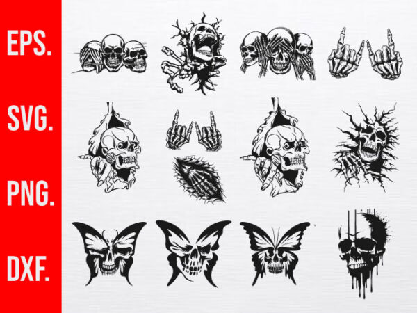 13 skull & butterfly design bundle, skull with wings, skull tattoo svg, broken skull, rock skull art, butterfly skull t-shirt.